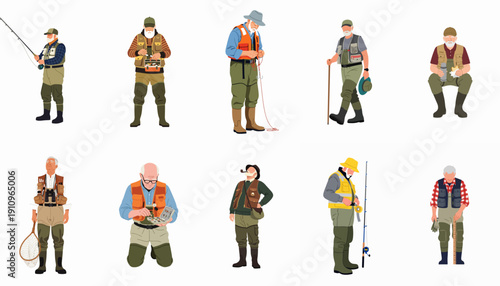 Set of vector illustrations featuring diverse senior male anglers in fishing gear performing various activities like casting, preparing tackle, and relaxing.
