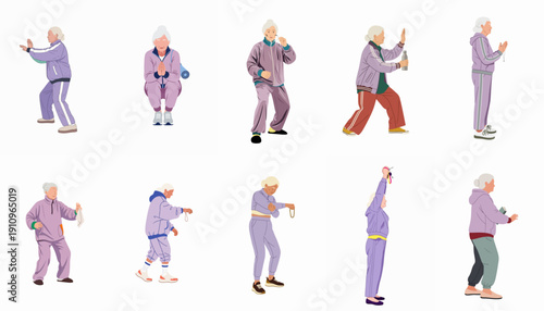 Active Senior Women Fitness Set: Vector Illustration Collection of Elderly Ladies Exercising, Practicing Tai Chi, Yoga, and Wellness Activities.