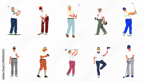 Set of senior men golfers playing golf, showcasing different swings, vintage fashion, and accessories in flat vector illustration style.