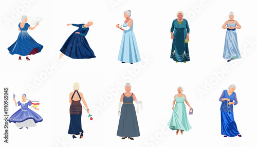 Vector set of ten elegant senior women in luxurious blue and teal evening gowns, posing gracefully for a formal event or gala performance.