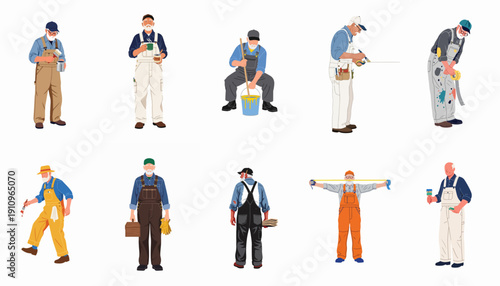 Collection of senior male workers and handymen in various overalls performing DIY and renovation tasks, holding tools, isolated vector illustration set.