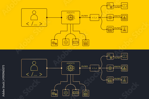 Business Professional Managing AI Automation Workflow with Connected Data Code and Communication Tools. Artificial Intelligence Agents Workflow Control for Business Process Automation.
