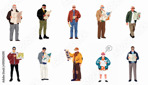 Ten diverse male travelers and adventurers studying various maps for navigation, discovery, and finding their way, isolated vector illustration collection.