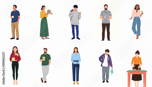 Diverse Illustrated Characters Engaging in Daily Activities Including Cooking, Drinking Beverages, and Using Technology, Isolated on White Background.