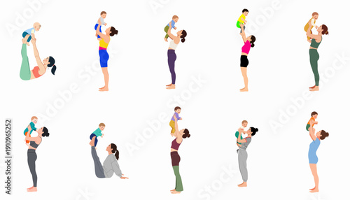 Mother and Baby Fitness Illustration Set: A collection of active moms practicing yoga, exercising, and bonding while happily lifting and balancing their infants.