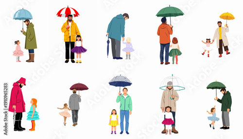 Set of fathers and daughters with umbrellas, illustrating family care, protection, and bonding moments in the rain.