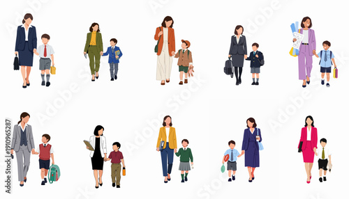 Diverse working mothers in professional attire walking hand-in-hand with their school-age children, balancing career and family responsibilities.
