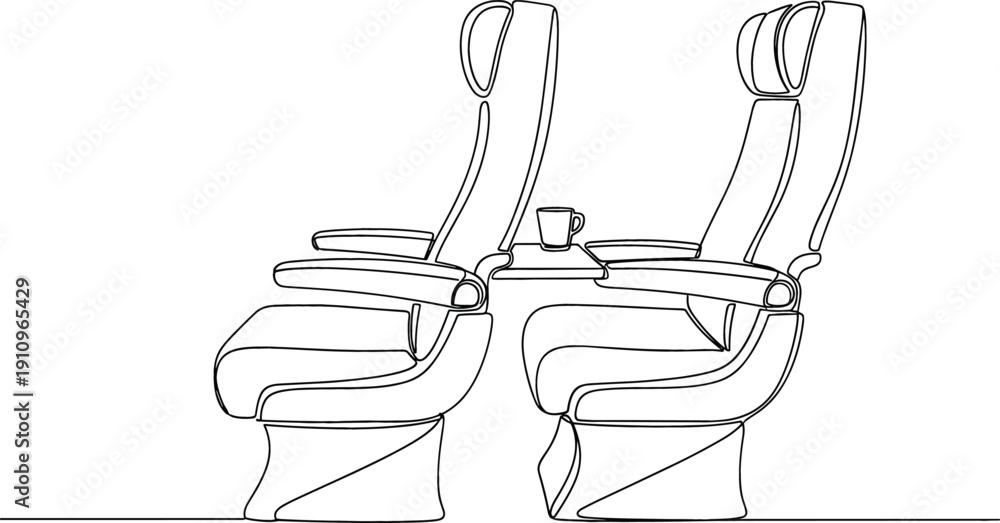 Obraz premium Continuous line drawing of modern airplane or train seats with coffee mug for luxury travel and transport branding