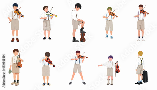 A vector set of ten young boys playing, practicing, and posing with violins, dressed in classical attire with suspenders, representing music education and childhood talent.