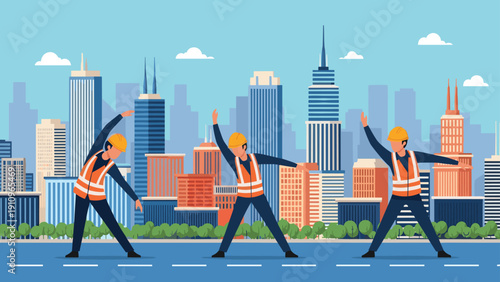 Three construction workers in orange vests and hard hats perform stretching exercises on a road with a city skyline behind.