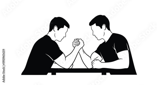 Two men engaged in an arm wrestling match stark black silhouette