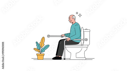 Elderly man with grey hair sits on a toilet equipped with metal safety rails in a clean and safe bathroom environment.