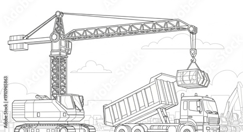 Crane Lifting Heavy Construction Equipment.