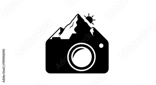 A camera lens capturing a serene landscape with mountains and a sun shining brightly in a clear sky