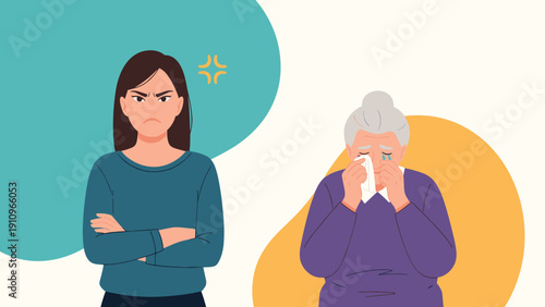 Young woman with crossed arms looks angry and frustrated next to an elderly woman who is crying into a tissue.