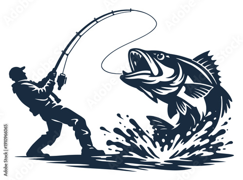 Sport Fishing Angler Reeling In Big Bass Splash Illustration