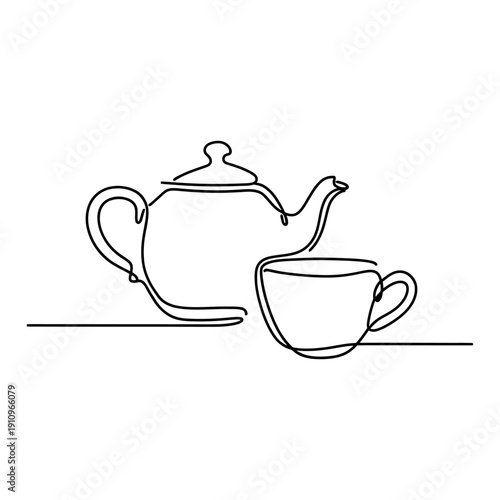 Фотография Teapot and Teacup Line Drawing, Minimalist line drawing of a teapot and teacup, representing tea culture and relaxation