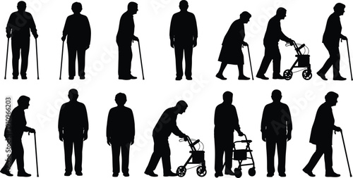 Elderly silhouettes, mobility aids, walking canes, senior health, aging population, physical support, healthcare concept, black icons, walker users, independence