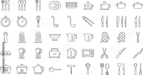 Hand Drawn Kitchen Utensils Icon Set with Cutlery Cookware Appliances Measuring Tools and Chef Equipment Outline Vector Collection