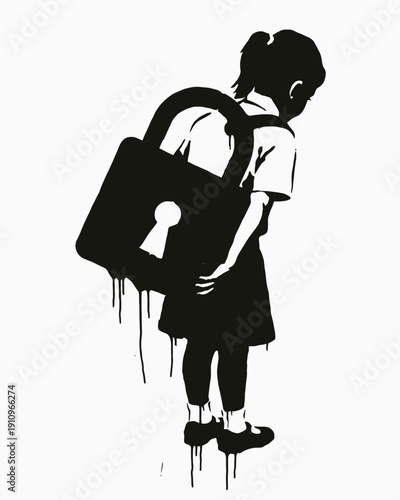 Conceptual Stencil Art of Girl Carrying a Heavy Padlock Backpack