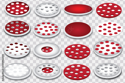 Round slice sausage on a white plate with holes. tasty salami vector flat material.