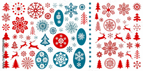 Festive collection of stylized snowflakes reindeer and christmas trees