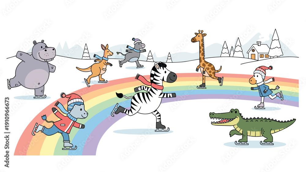 Fototapeta premium Group of various animals including a zebra, giraffe, and crocodile ice skate together on a colorful rainbow in a winter landscape.