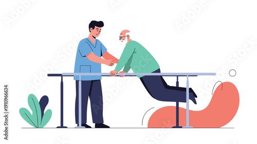 Male nurse in blue scrubs provides physical assistance to an elderly man in a green sweater using parallel bars in a clinic.