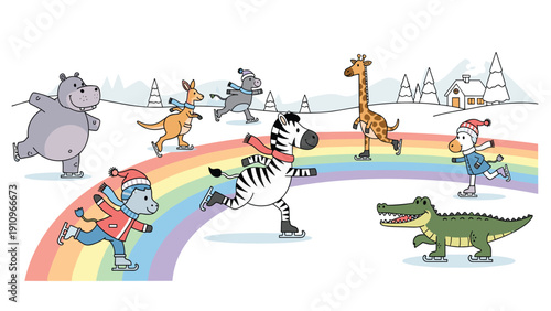 Group of various animals including a zebra, giraffe, and crocodile ice skate together on a colorful rainbow in a winter landscape.
