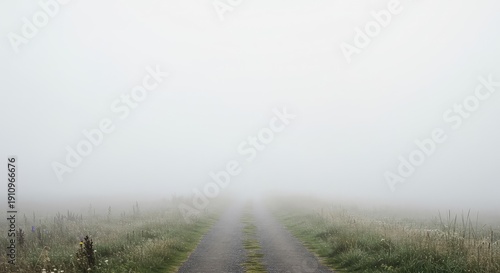 A lonely, winding pathway disappears into a wall of thick, ethereal white fog, suggesting a long, uncertain journey or lost direction ,surface ,solitude ,journey