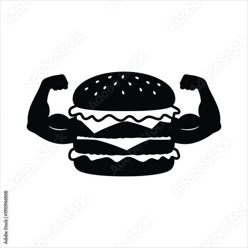 A powerful double-decker hamburger with flexed biceps on each side, symbolizing strength and deliciousness