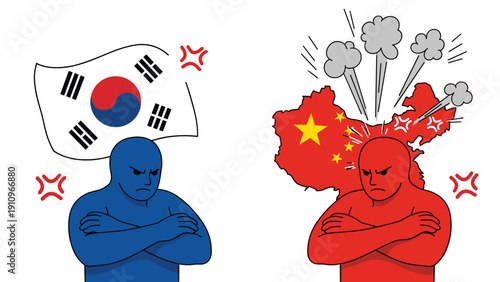 Two angry personified figures representing South Korea and China stand with crossed arms and smoke coming from their heads.