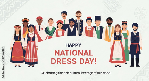 Diverse people in traditional national costumes celebrating National Dress Day cultural heritage illustration for global unity and diversity concepts