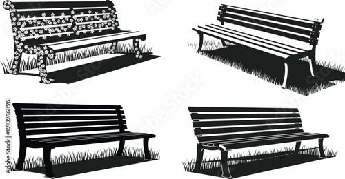Set of Black Silhouette Vector Illustrations Featuring Four Different Park Benches on Grass for Outdoor Furniture Garden Landscape and Public Seating Designs