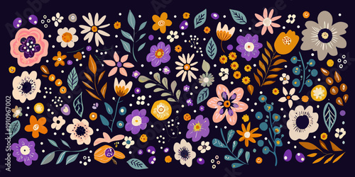 A vibrant and colorful floral pattern with diverse wildflower shapes