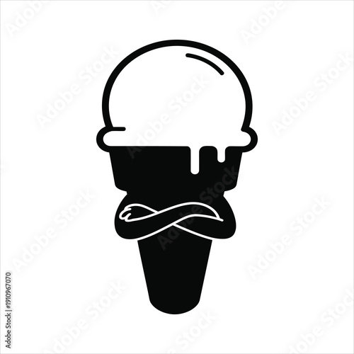 A stylized black and white illustration of an ice cream cone with crossed arms, appearing to be in a grumpy mood.
