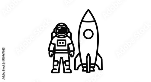 Astronaut standing near a rocket simple black outline silhouette