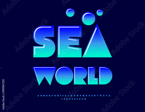 Vector Adventure sign Sea World. Glossy Blue Font. Amazing Artistic Alphabet Letters and Numbers set. 