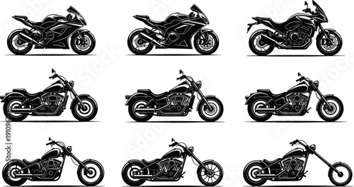 Set of Black Silhouette Vector Illustrations Featuring Nine Diverse Motorcycles Including Sport Bikes Cruisers and Choppers for Transport and Biker Graphic Designs