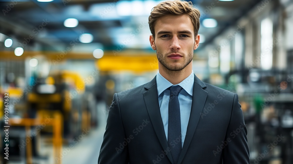Fototapeta premium A confident businessman standing in a modern industrial factory setting with machinery in the background