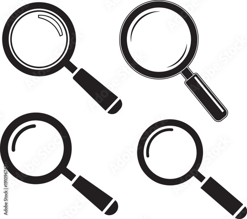 Four magnifying glass icons, various styles, used for search and discovery, black and white