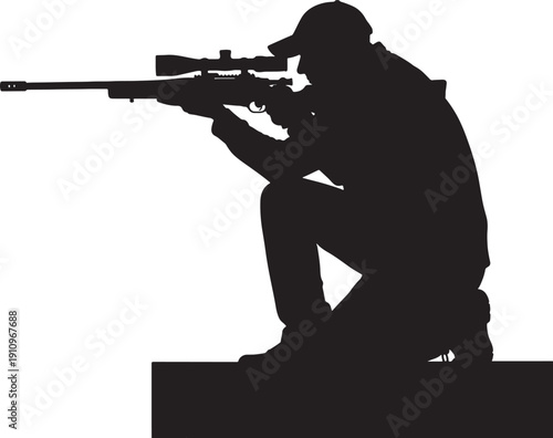 Silhouette of a sniper aiming a rifle with scope, kneeling pose, focused and ready