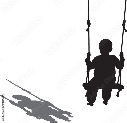 Silhouette of a child swinging on a swing set, casting a long shadow, evoking childhood joy, playfulness, and carefree outdoor fun.