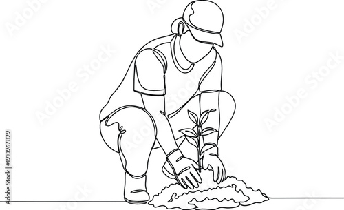 Continuous one line drawing of a person wearing a cap and gloves crouching to plant a young tree sapling in soil