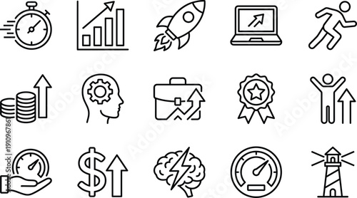 Linear vector icon set for business growth and professional success featuring rocket launches rising bar graphs stopwatches medals and fast progress motivational career symbols