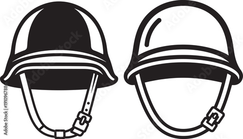 Pair of military helmets, one solid black and one outlined, symbolizing war, defense, protection, and security in a minimalist vector style.