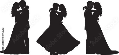 Romantic Silhouettes of a Couple Embracing and Dancing, Symbolizing Love, Romance, Marriage, and Wedding Celebrations in Black and White Vector Art.