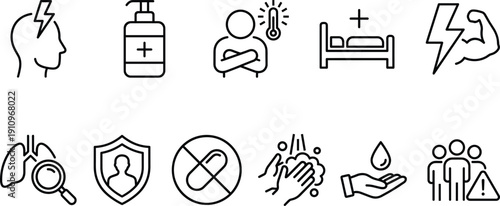 Linear vector icon set for healthcare and illness prevention featuring headache relief hand sanitizer fever monitoring hospital beds lung scans and protective hygiene symbols