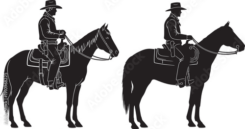 Two Cowboy Silhouettes on Horseback, Vector Art, Black and White, Evoking the Spirit of the Wild West and Equestrian Adventure