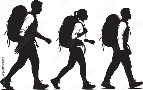 Silhouette of Three Hikers with Backpacks Walking in Single File, Vector Art, Black and White, Symbolizing Journey and Exploration